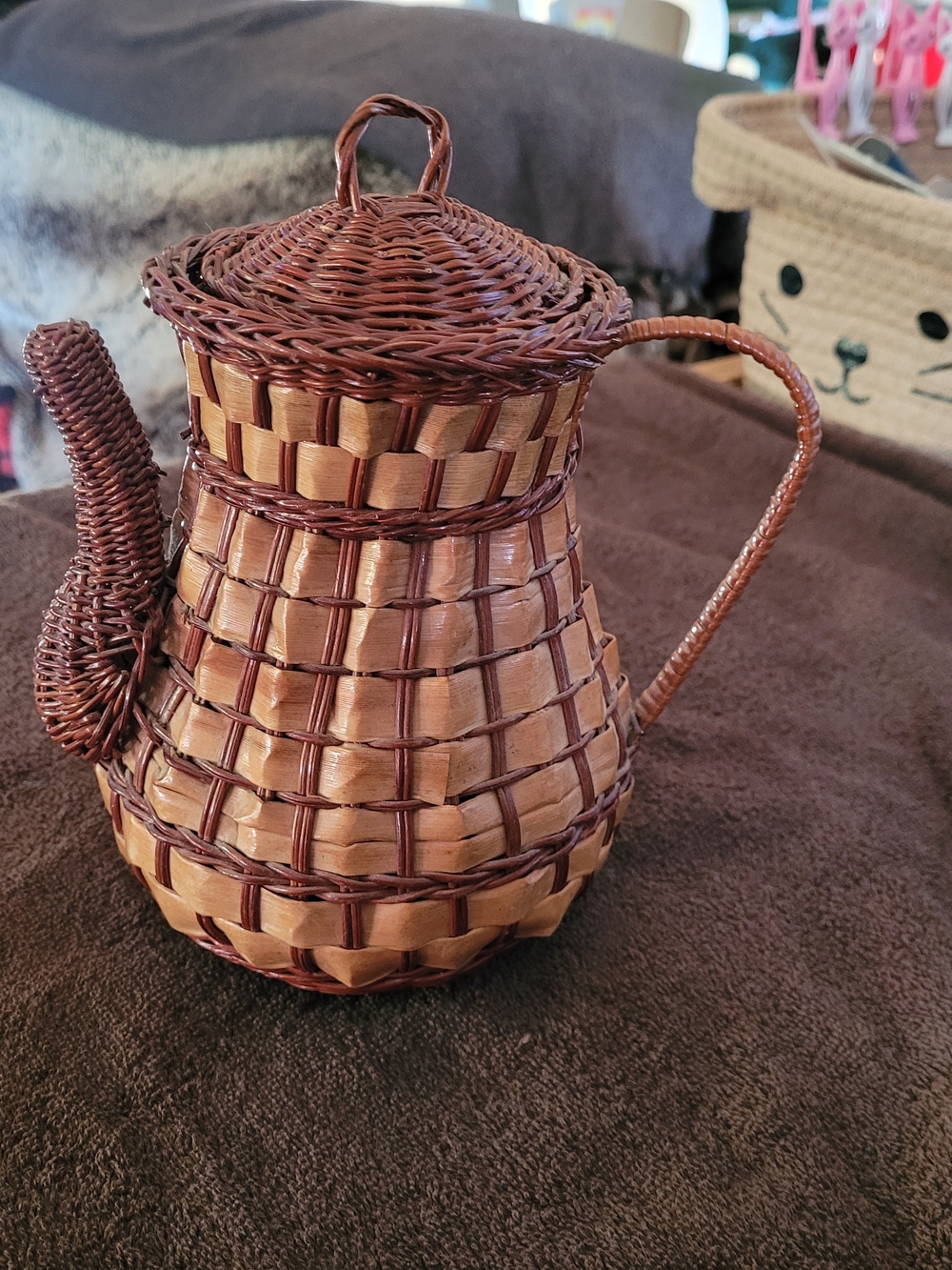 Woven Rattan Teapot-Style Pitcher in Brown
